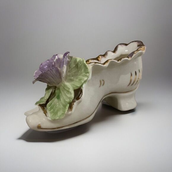 Purple Rose Shoe ceramic Figurine Hand Made TET China Clay Green Leaf Vintage - Picture 3 of 11